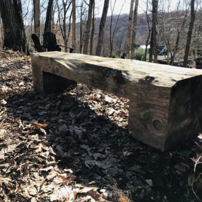 Weathered Carved Pine Log Bench
